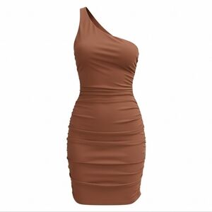 Fiestar Single Shoulder Ruched Brown Cocktail Dress In Size L